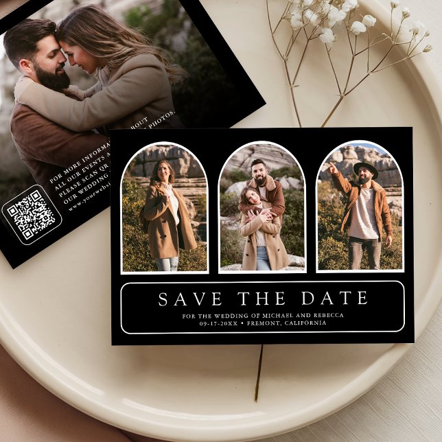 Black Minimal Arch Photo Collage QR Code Wedding Save The Date (Creator Uploaded)