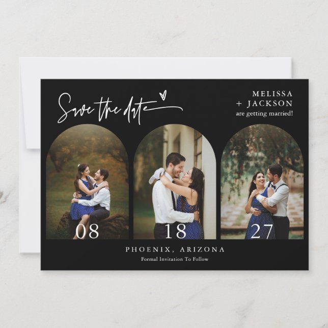 Black Minimal Arch Photo QR Code Save the Date Invitation (Front)