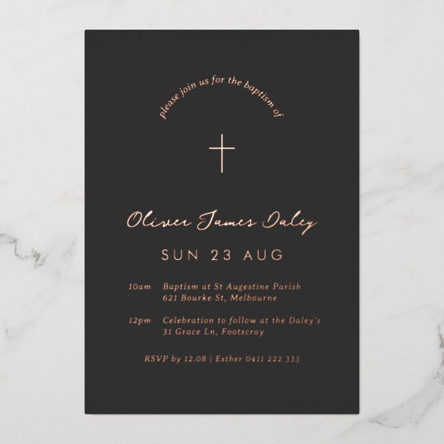 Black Minimal Baptism Christening Cross Invitation Foil Invitation (Front)