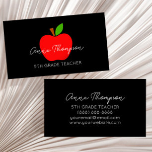 Black Minimal Custom Name Teacher Red Apple Gift Business Card