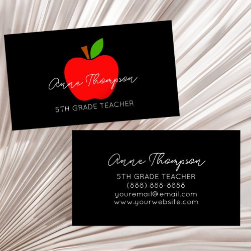 Black Minimal Custom Name Teacher Red Apple Gift Business Card