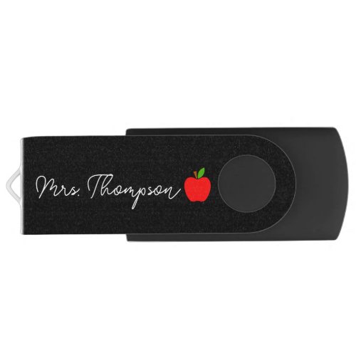 Black Minimal Custom Name Teacher Red Apple Gift Flash Drive