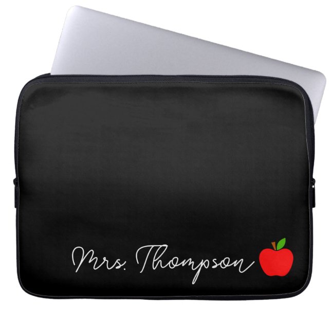 Black Minimal Custom Name Teacher Red Apple Gift Laptop Sleeve (Front)