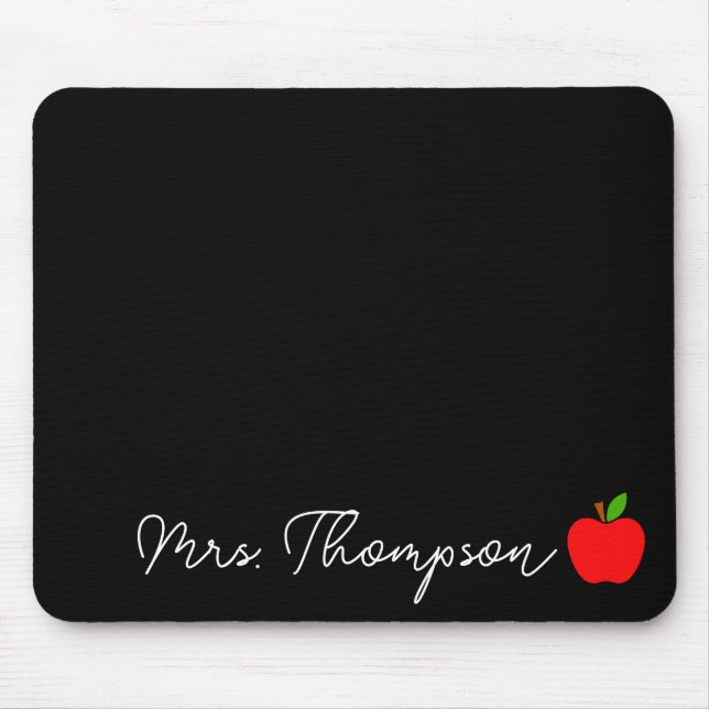Black Minimal Custom Name Teacher Red Apple Gift Mouse Pad (Front)