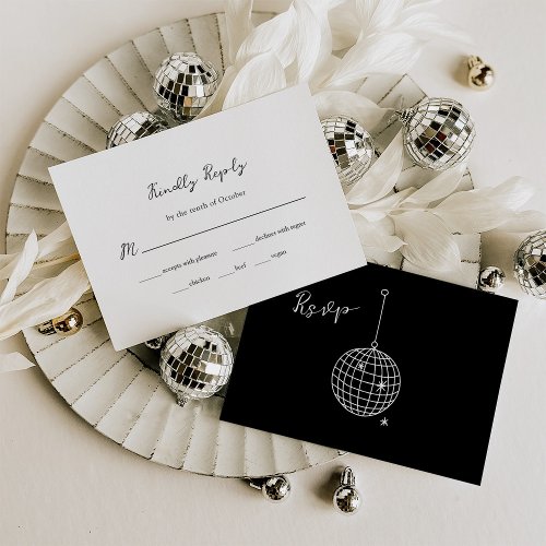 Black Minimal Disco Ball Wedding  Meal Choice RSVP Card