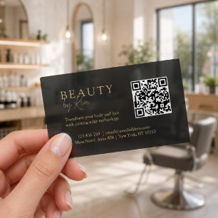 Black Minimal Elegant Salon QR Code Clear Business Cards