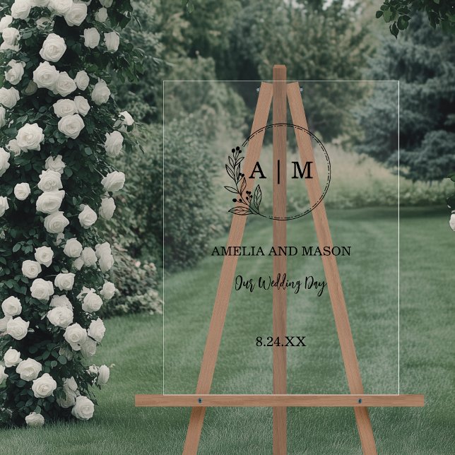 Black Minimal Floral Monogram Wedding Acrylic Sign (Minimal Floral Monogram Black and Clear Acrylic Wedding Sign)