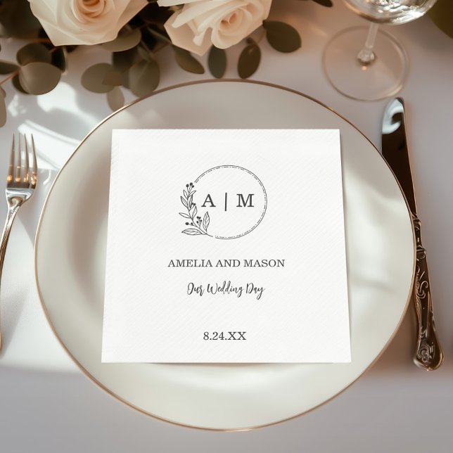 Black Minimal Floral Monogram Wedding Napkins (Black and White Wedding Napkin with Elegant  Floral Monogram)
