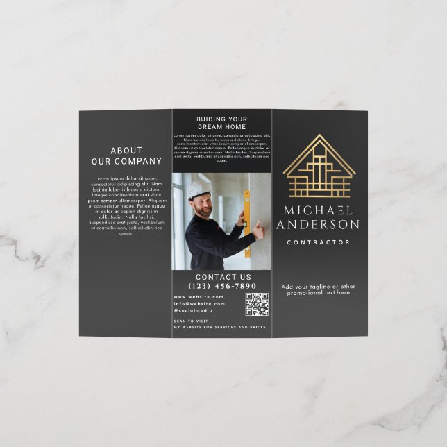 Black Minimal Home Building Construction QR Code Brochure