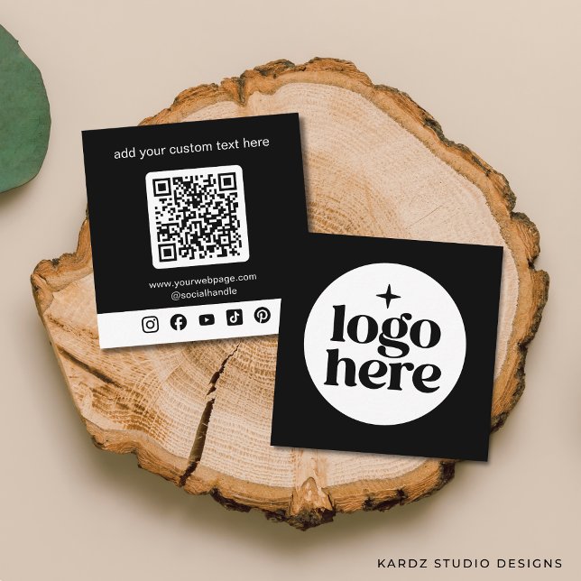 Black Minimal Logo QR Code Social Media Square Square Business Card (Add your logo, customize social media icons and enter URL to create QR Code. Choose corner + paper.)