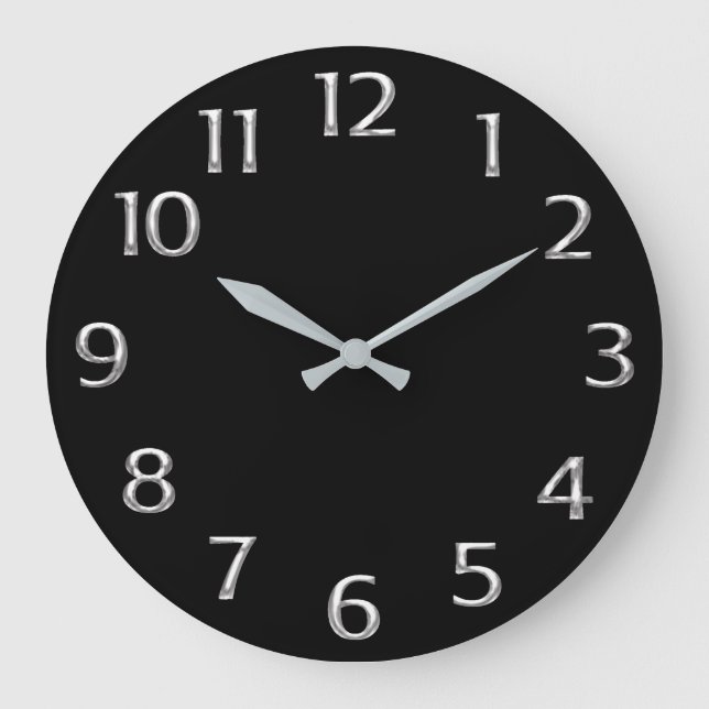Black Minimal Metal Silver Gray Grey Arabic Numers Large Clock (Front)