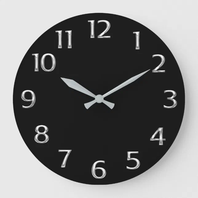 Black Minimal Metal Silver Gray Grey Arabic Numers Large Clock | Zazzle