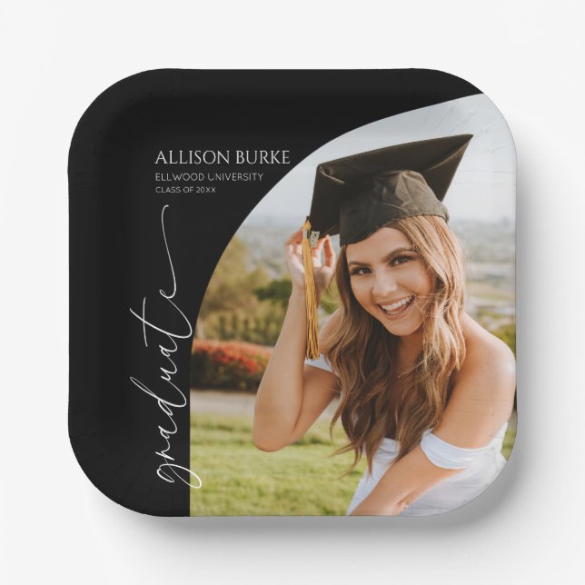 Black Minimal Minimalist Photo Arch Graduation Paper Plates (Front)