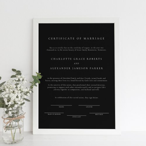 Black Minimal Modern Elegant Marriage Certificate Poster