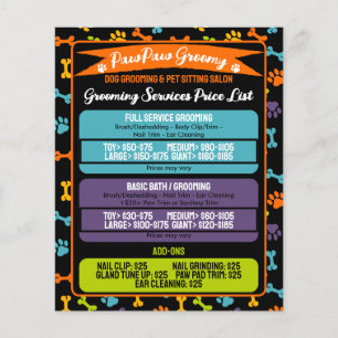 Black Minimal modern Paws Dog Grooming Price List Flyer