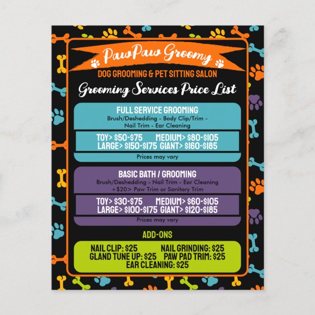 Black Minimal modern Paws Dog Grooming Price List Flyer (Front)
