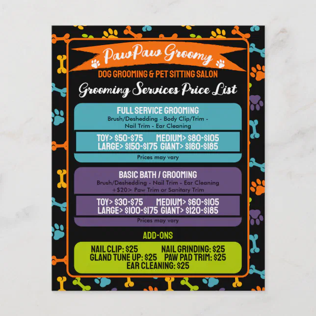 Black Minimal modern Paws Dog Grooming Price List Flyer Zazzle