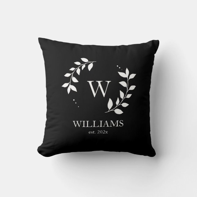 Black Minimal Monogram Initial Modern Newlywed Throw Pillow (Front)