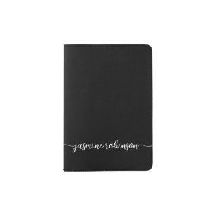 Black Minimal Monogram Name Signature Script Passport Holder
