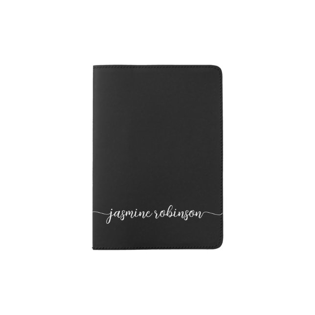 Black Minimal Monogram Name Signature Script Passport Holder (Front)