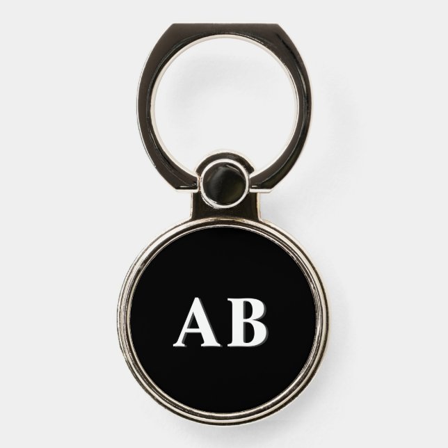 Black Minimal Personalized Monogram Initials Phone Ring Stand (Front)