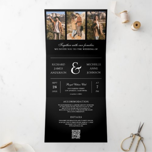 Black Minimal Photo Collage QR Code Wedding Tri-Fold Invitation