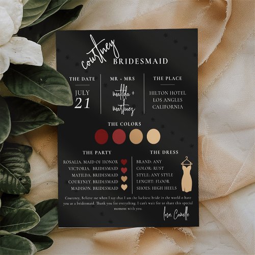 Black Minimal Script Bridesmaid info Template Card