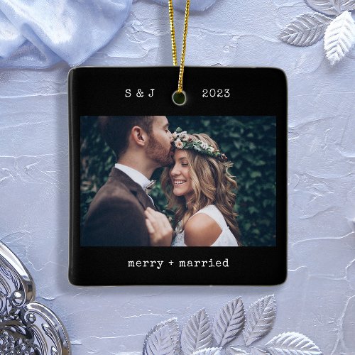 Black Minimal Typewriter | Merry and Married Photo Ceramic Ornament