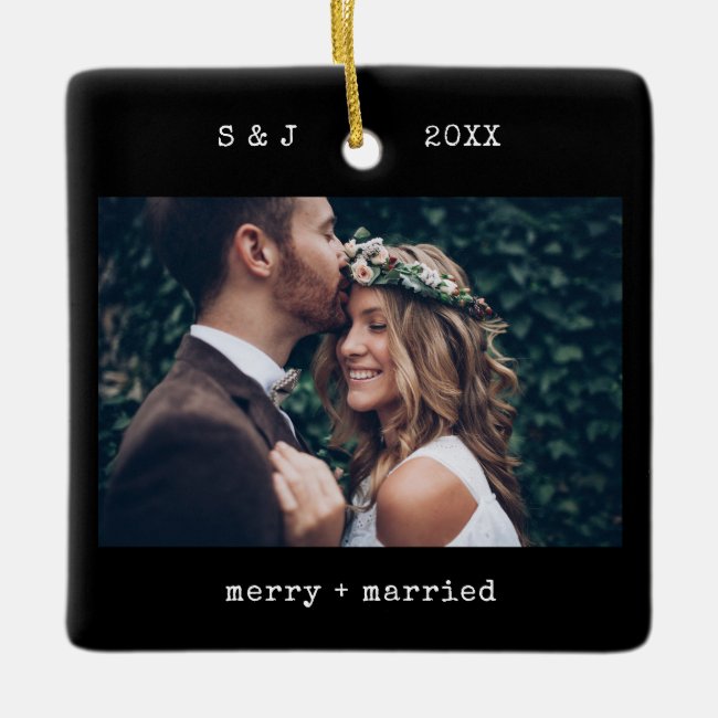 Black Minimal Typewriter | Merry and Married Photo Ceramic Ornament