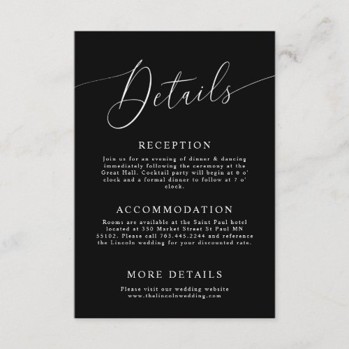 Black Minimal Wedding Details  Enclosure Card
