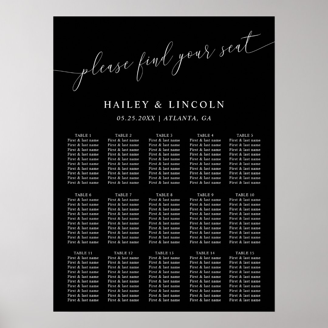 Black Minimal Wedding Seating Chart | Zazzle