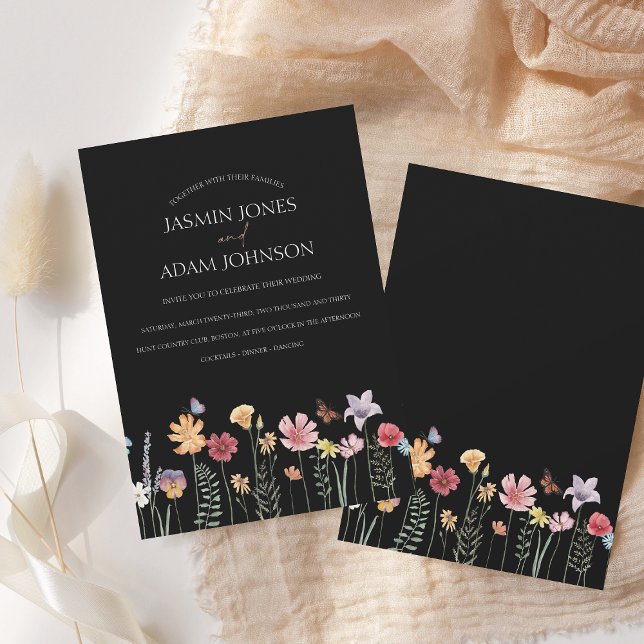 Black Minimal Wildflower Border Wedding Invitation (Creator Uploaded)