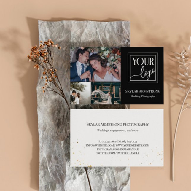 Black Minimal Your Logo Photo Collage Photographer Business Card (Creator Uploaded)