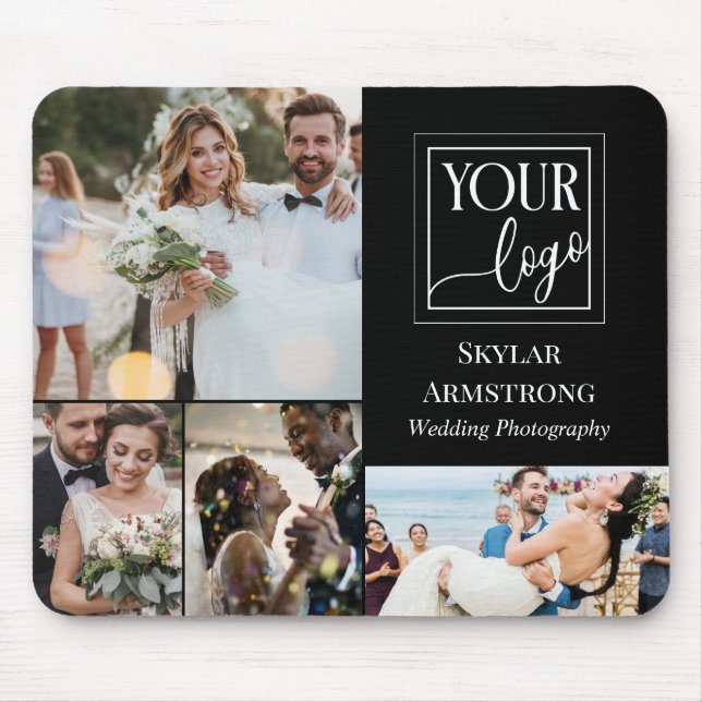 Black Minimal Your Logo Photo Collage Photographer Mouse Pad (Front)