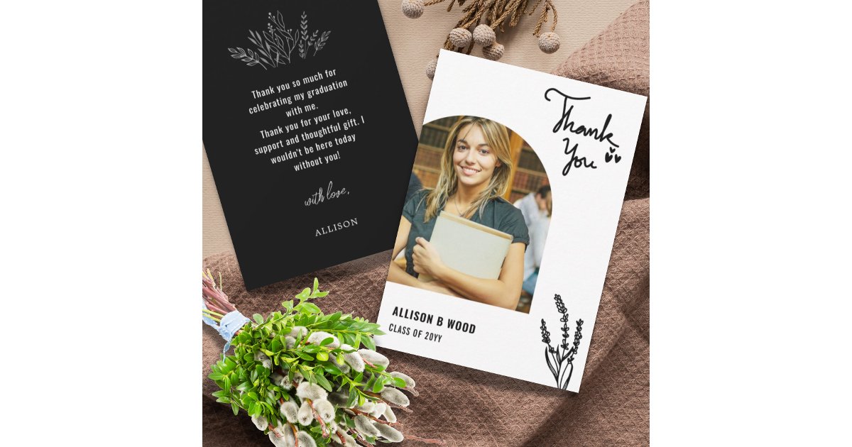 Black Minimalist 1 Photo Graduation Heart Love Thank You Card | Zazzle