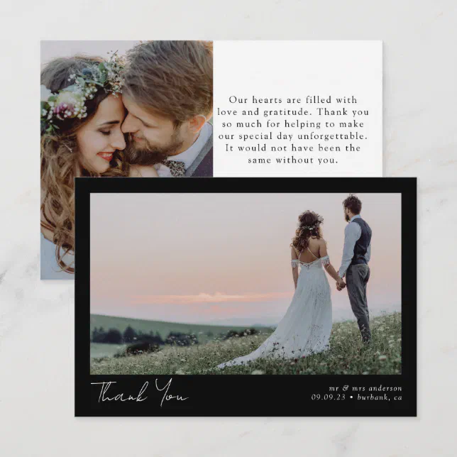 Black Minimalist 2 Photo Calligraphy Wedding Thank You Card | Zazzle
