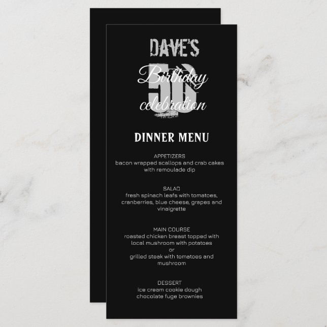 Black Minimalist 50th Any Birthday Party  Menu (Front/Back)