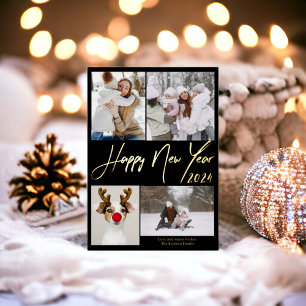 Black minimalist 5 photos Happy new year 2024 Foil Holiday Card