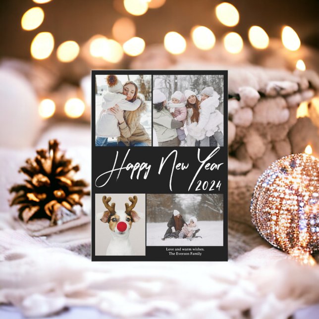 Black minimalist 5 photos Happy new year 2024 Holiday Card (Black minimalist 5 photos Happy new year 2024 Holiday Card)
