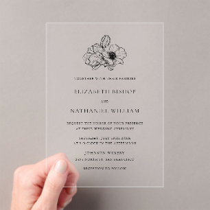 Black Minimalist Anemone Line Art Wedding Acrylic Invitations