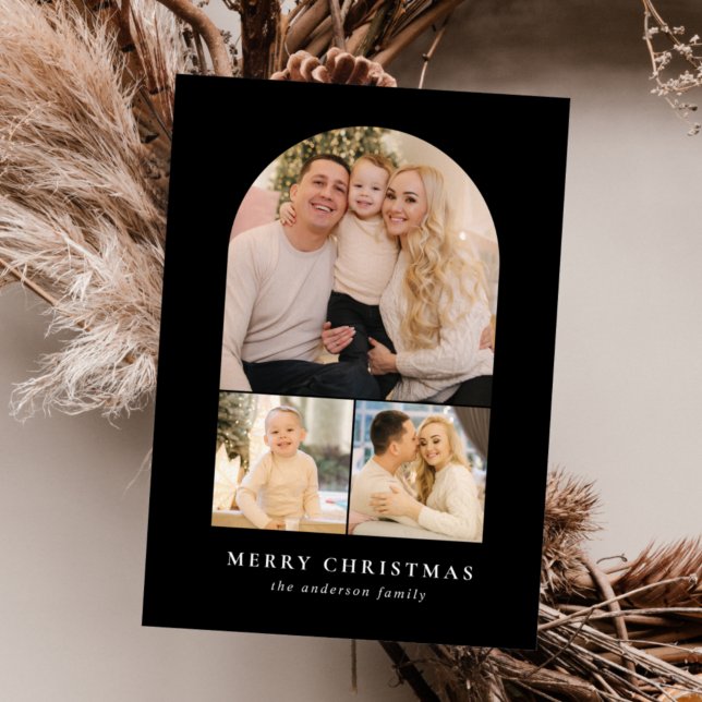 Black Minimalist Arch 3 Photo Holiday Card (Creator Uploaded)