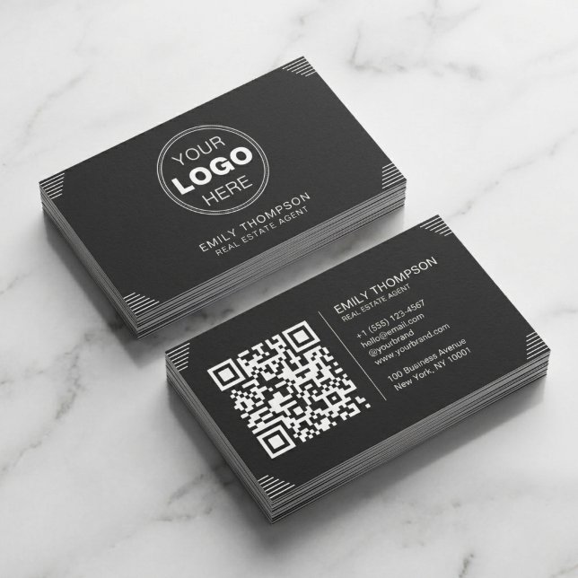 Black Minimalist Art Deco QR Code Layout Business Card (Modern Black Business Card Design with QR Code | Minimalist Branding)