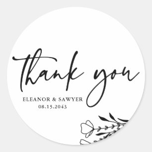 Black Minimalist Bouquet Wedding Thank You Classic Round Sticker