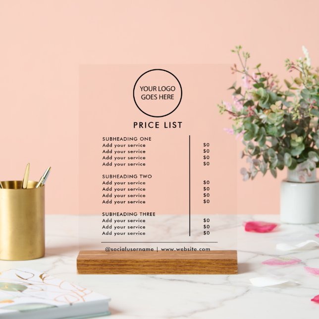 Black Minimalist Business Logo Price List Acrylic Sign (Wedding)