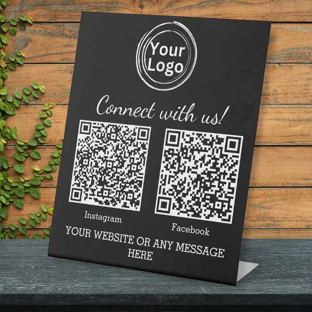 Black Minimalist Business Logo Two QR Codes Pedestal Sign | Zazzle