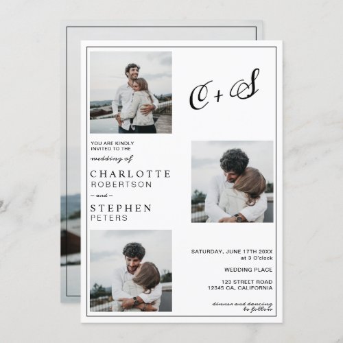 Black minimalist casual initials photo wedding invitation