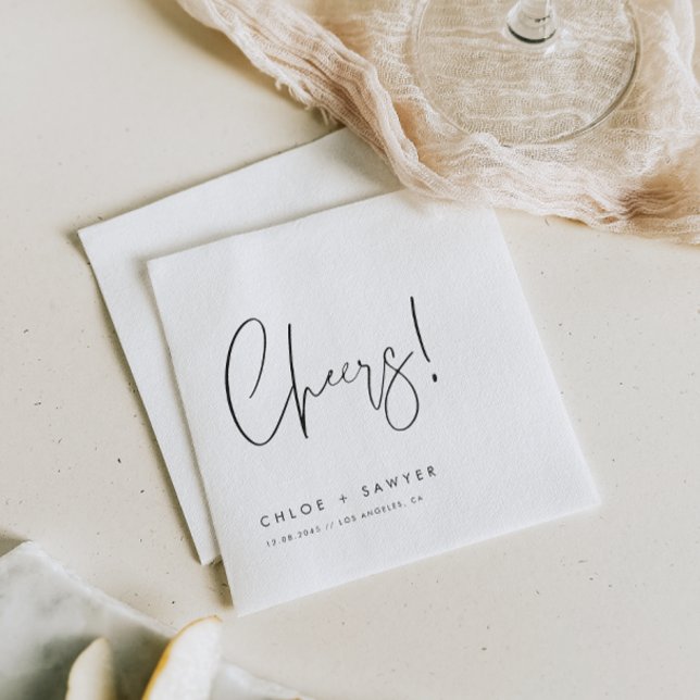 Black Minimalist Cheers Handwritten Script Wedding Napkins (Minimal and modern, these wedding napkins feature “Cheers!” in calligraphy paired with a clean font.)
