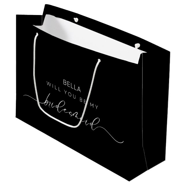Black Minimalist Chic Calligraphy Bridesmaid  Large Gift Bag (Front Angled)