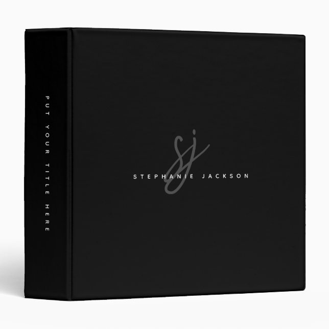 Black Minimalist Chic Script Initials Monogram 3 Ring Binder (Front/Spine)