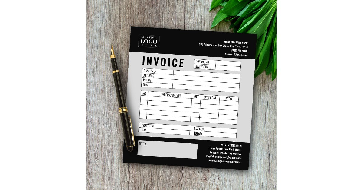 Black Minimalist Custom Business Invoice Logo Notepad | Zazzle